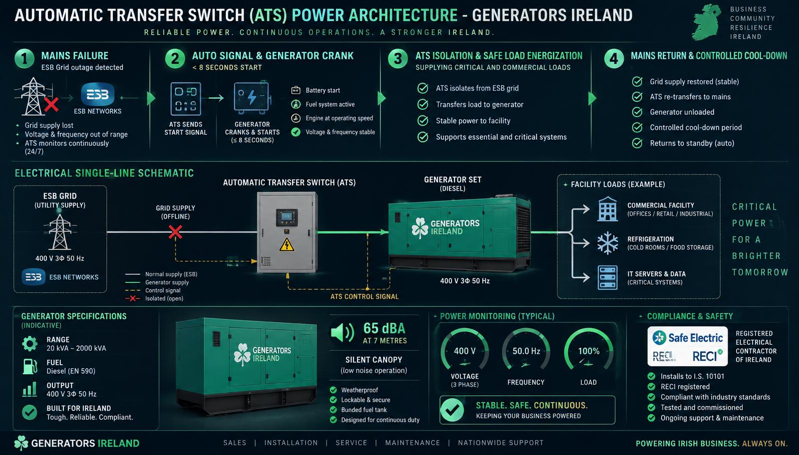 Automatic Transfer Switch ATS Power Architecture Infographic for Generators Bray Commercial Standby Power