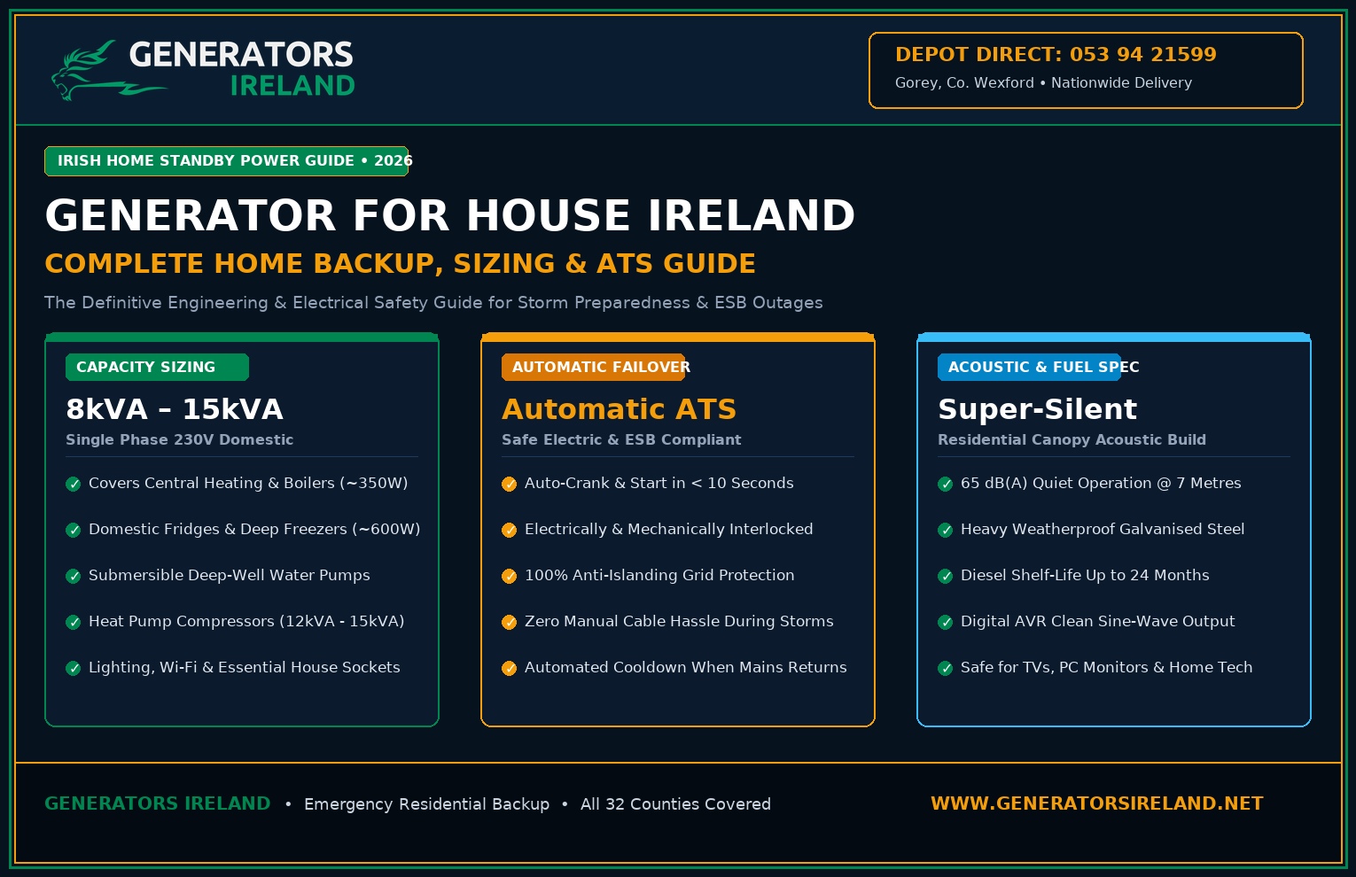generator for house ireland - complete home backup, sizing and ATS standby generator guide