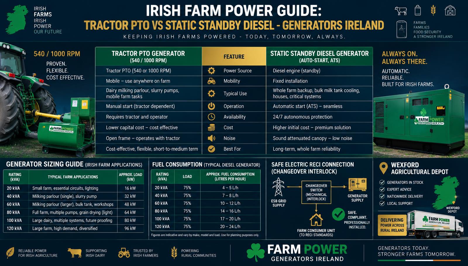 Farm PTO Generator vs Automated Silent Standby Diesel Power Architecture Infographic Generators Gorey
